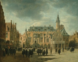 Haarlem City hall with figures on the Grote markt